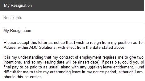 Resignation Letter Email Example Database Letter Template Collection