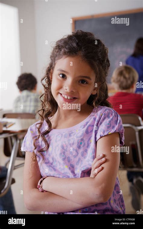 Usa California Los Angeles Portrait Of Schoolgirl In Classroom Stock