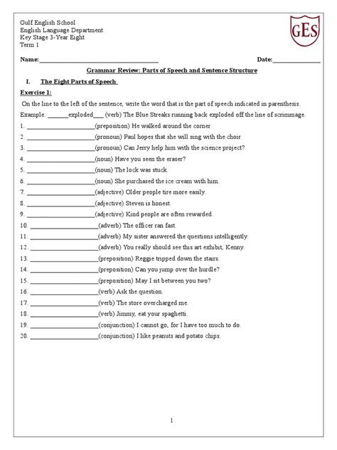 Worksheets On Parts Of Speech