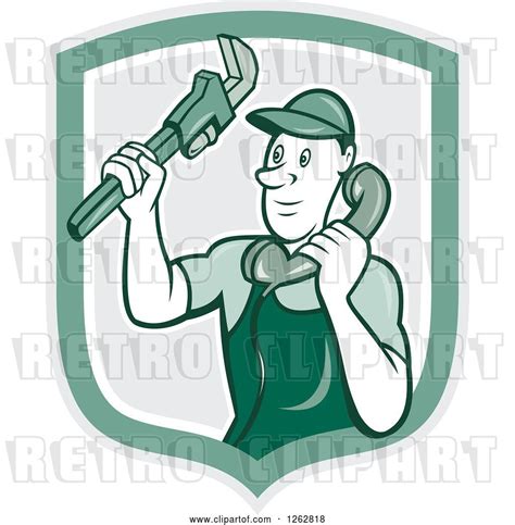 Vector Clip Art Of Retro Cartoon Male Plumber Holding A Monkey Wrench