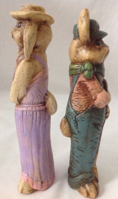 2 Vintage Ceramic Easter Bunny Rabbit Figurines Boy And Girl Weathered