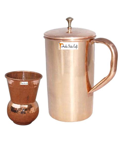 Prisha India Craft Copper Jug Handmade Jug 1800 Ml 6086 Oz With One Glass Drinkware Set