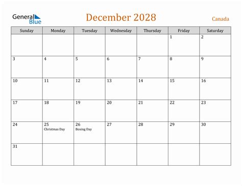 Free December 2028 Canada Calendar