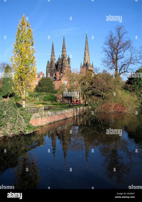 Lichfield Cathedral Seen Across Minster Pool With Reflections Lichfield