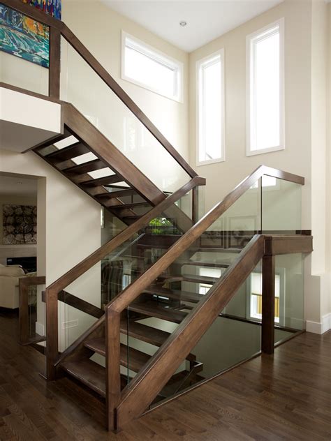 straight maple stair with glass panel railing contemporary staircase edmonton by