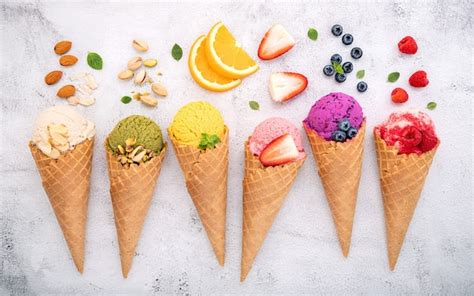 Premium Photo Various Of Ice Cream Flavor In Cones Setup On White Stone