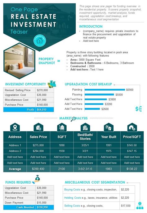 One Page Real Estate Investment Teaser Presentation Report Infographic