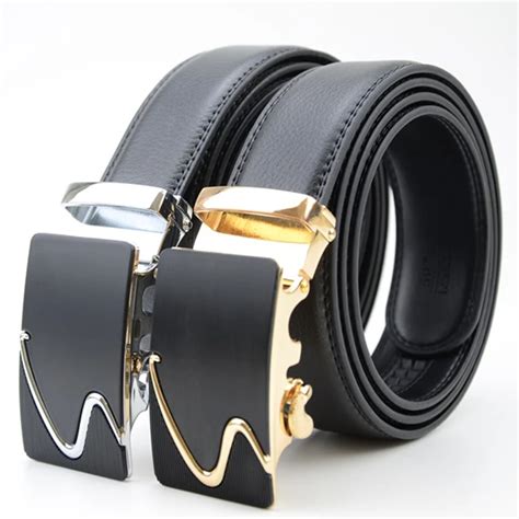 Honercoo Mens Fashion Genuine Leather Belt Men Belt Gold Automatic Buckle Luxury Black Strap