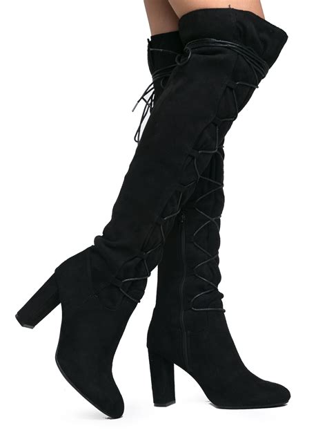 Qupid Stretch Faux Suede Round Toe Front Lace Up Wrapped High Heel Over The Knee Boot