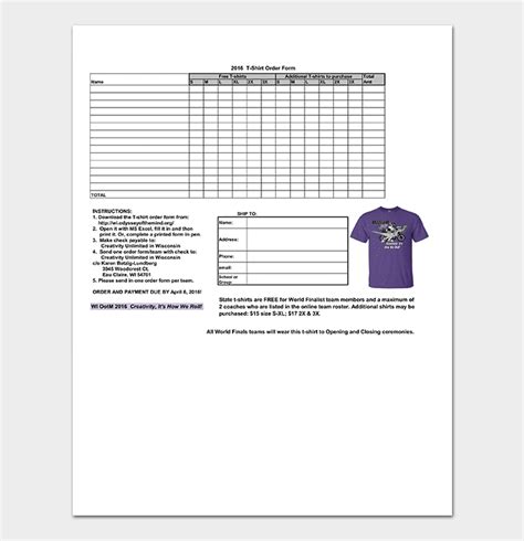 Downloadable Free T Shirt Order Form Template Pdf
