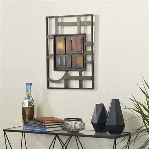Decmode Modern Metal Brown Rectangular Wall Décor With Square And Lines