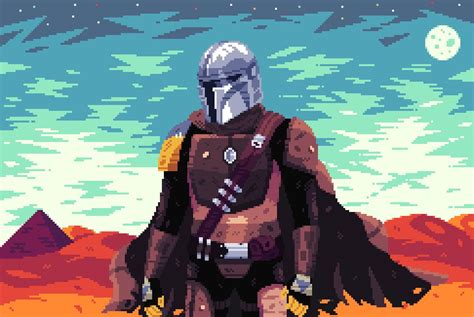 A Pixel Art Image Of A Man With A Helmet And Armor Standing In The Desert