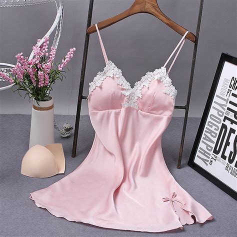 Summer Women Girls Sexy Spaghrtti Strap V Neck Silk Lace Braces Pajamas With Chest Pad Female