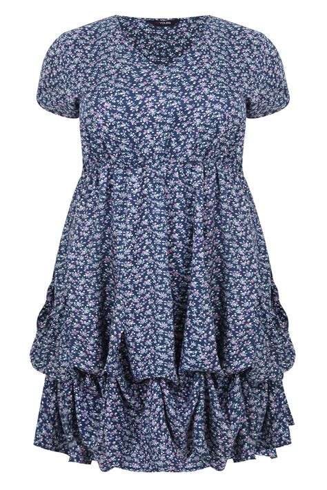 Navy And Pink Ditsy Floral Print Tunic Dress With Frilled Hem Plus Size