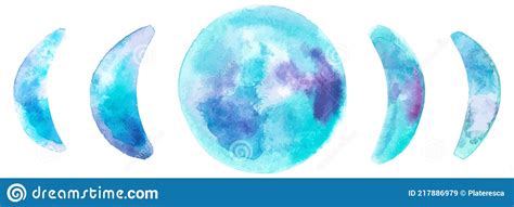 Phases Of The Moon Vector And Watercolor Drawing With The Stages Of