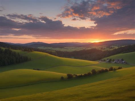 Premium Ai Image Sunset Over The Green Hills