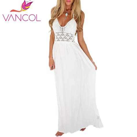2015 New Fashion White Sling V Neck Backless Sexy Dress Sleeveless Hollow Out Summer Women Beach