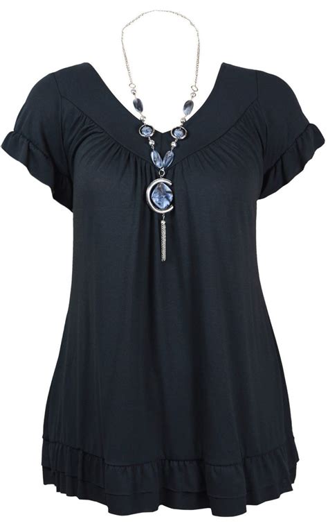 Womens Gypsy Frill Short Sleeve Necklace Ladies Tunic Long V Neck Tops