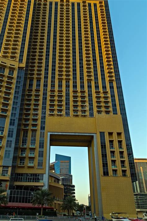 Panoramic View Skyscrapers And Water Pier Of Dubai Marina Stock Image
