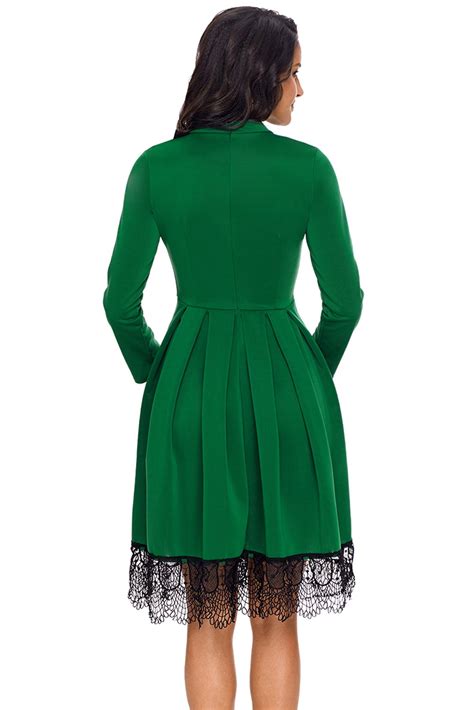 Sexy Lace Hemline Detail Green Long Sleeve Skater Dress Sexy Affordable Clothing