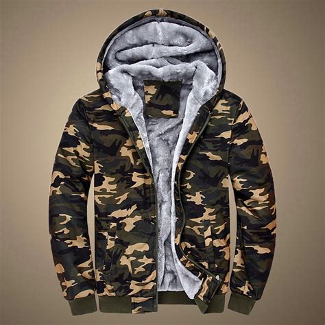 Mens Camouflage Hoodie Winter Warm Fleece Zipper Sweater Jacket Outwear