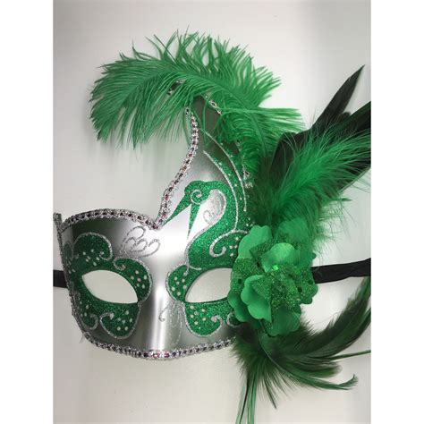 Green And Silver Feathered Mardi Gras Mask With Ribbon Ties Each Of