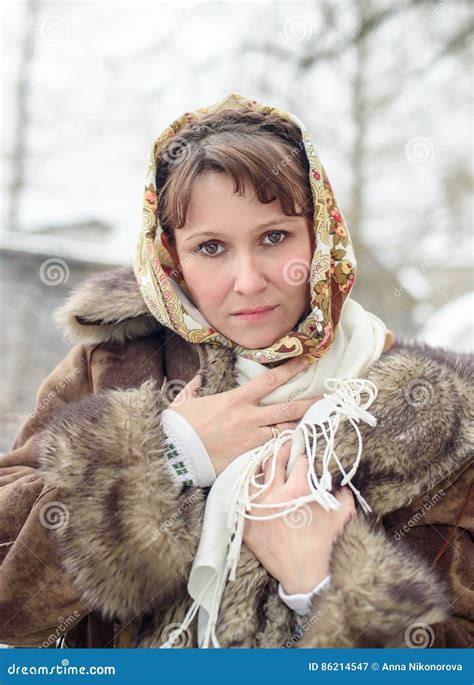 beautiful girl in a traditional russian scarf stock image image of female happy 86214547
