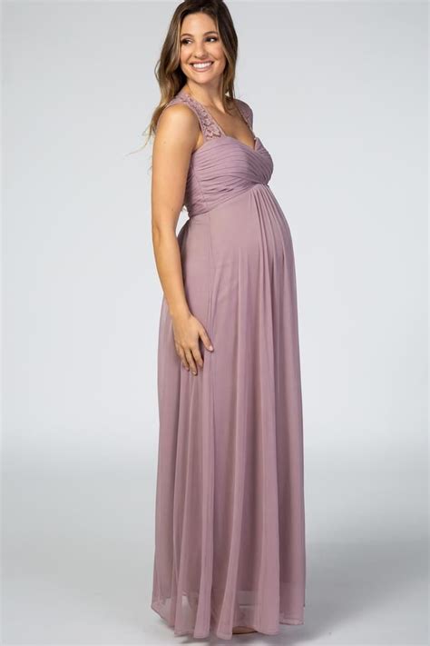 Mauve Lace Accent Chiffon Maternity Evening Gown In Maternity