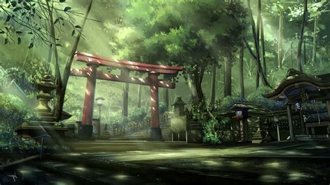 Anime Landscape Torii Sun Rays Forest Asian Architecture Steps
