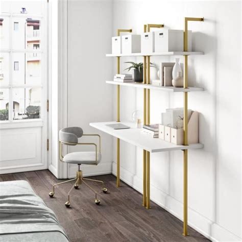 Create a chic work from home set up with this stylish ladder desk from george home. Theo 73 in. White Wood and Gold Brass Metal 2-Shelf Wall ...