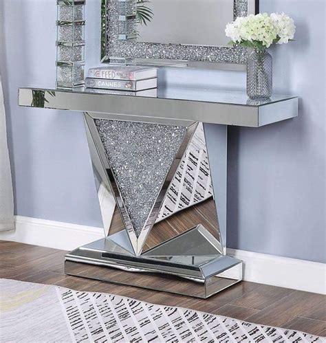 Wood And Mirror Console Table With Faux Crystals Inlay Clear 90448
