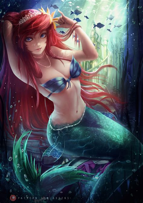 Rule 34 Ariel Axsens Blue Eyes Cleavage Disney Female Fish Tail Green