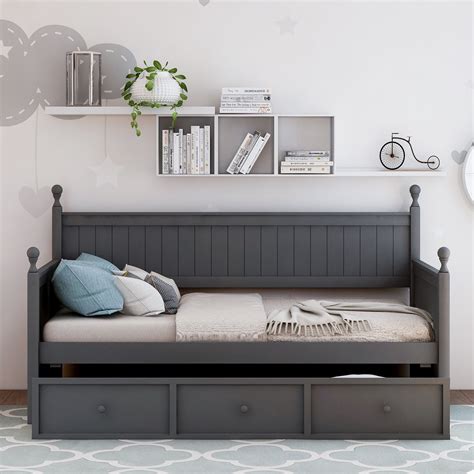 Wood Daybed Twin Platform Bed With 3 Storage Drawers Gray