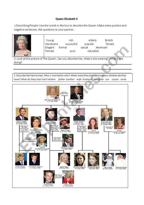 Copy or print my updated family tree and read about the royal members of the tree. Queen Elizabeth´s family tree - ESL worksheet by caramel007