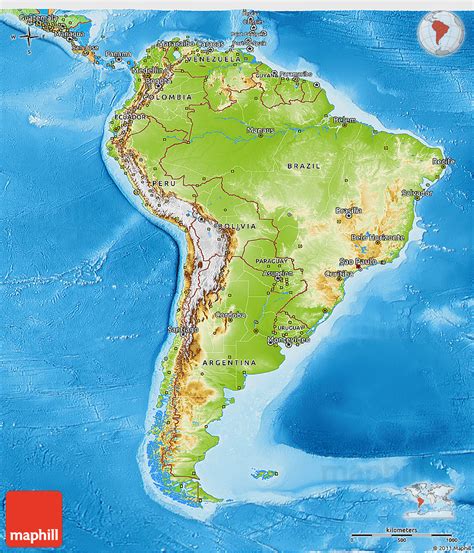 Physical 3d Map Of South America Political Outside Shaded Relief Sea