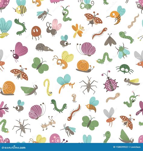 Vector Seamless Pattern With Hand Drawn Flat Funny Insects Cute Repeat