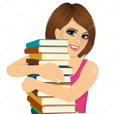 Attractive Woman Hugging Stack Of Books Happily — Stock Vector