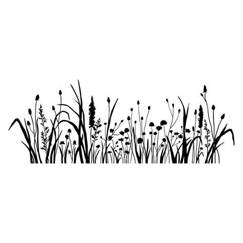Silhouette Wildflowers Grass Vector Black Hand Drawn Illustration With