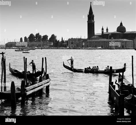 Venice Gondolas And San Giorgio Maggiore Monochrome Stock Photo Alamy