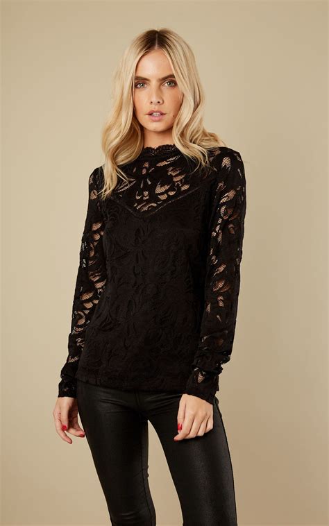Black Lace Long Sleeve Top Vila Silkfred Us Lace Top Outfits