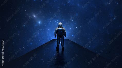 Astronaut Cosmonaut Stands On Bridge Of Reflecting Stars And Looks Into
