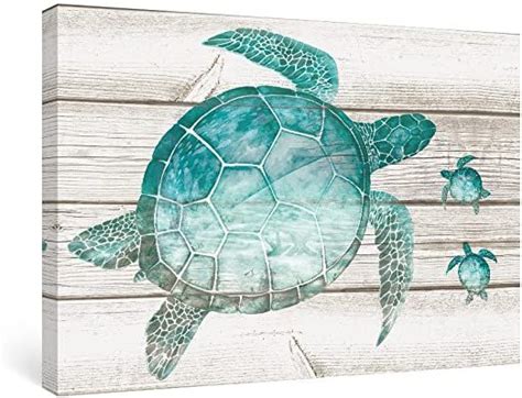 Coastal Beach Canvas Paintings Teal Sea Turtle Wall Decor In 2020