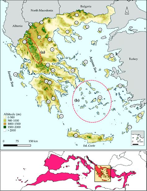 Upper Panel Map Of Greece Presenting Major Mountain Massifs As Well As Aegean And 