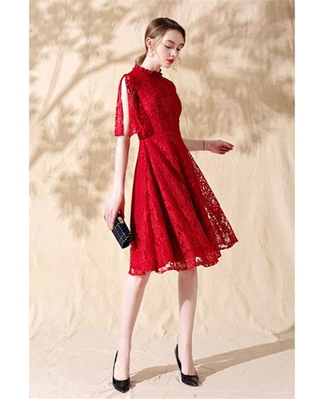 Red Lace Short Aline Party Dress With Lace Sleeves Htx86066