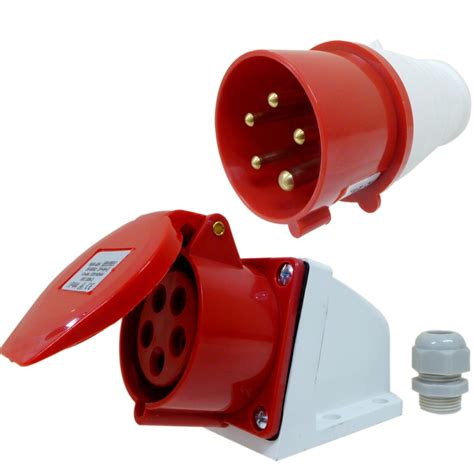 16 Amp 5 Pin Plug And Socket 3 Phase 400v Weatherproof Ip44 Red 16a