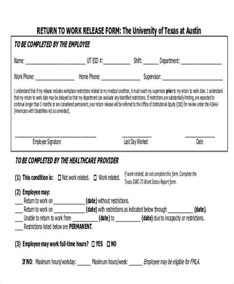 Return To Work Release Form