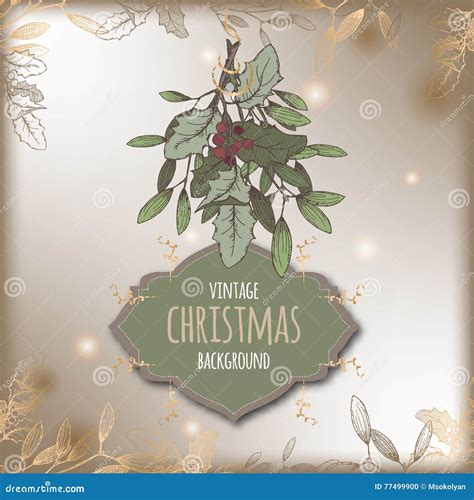 Color Vintage Christmas Template With Mistletoe Branch And Frame Stock
