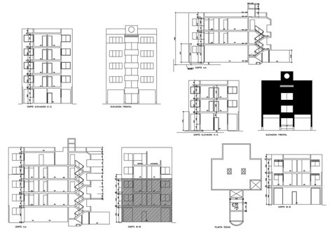 Multi Story Hotel Building All Sided Elevations And Sections Cad