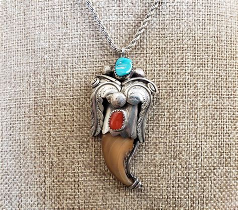 Large Native American Bear Claw Pendant Necklace Sterling Etsy In 2021 Turquoise Coral