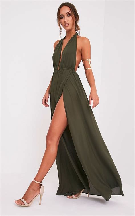 Alina Khaki Plunge Maxi Dress Dresses Prettylittlething Shop Dresses Shop More